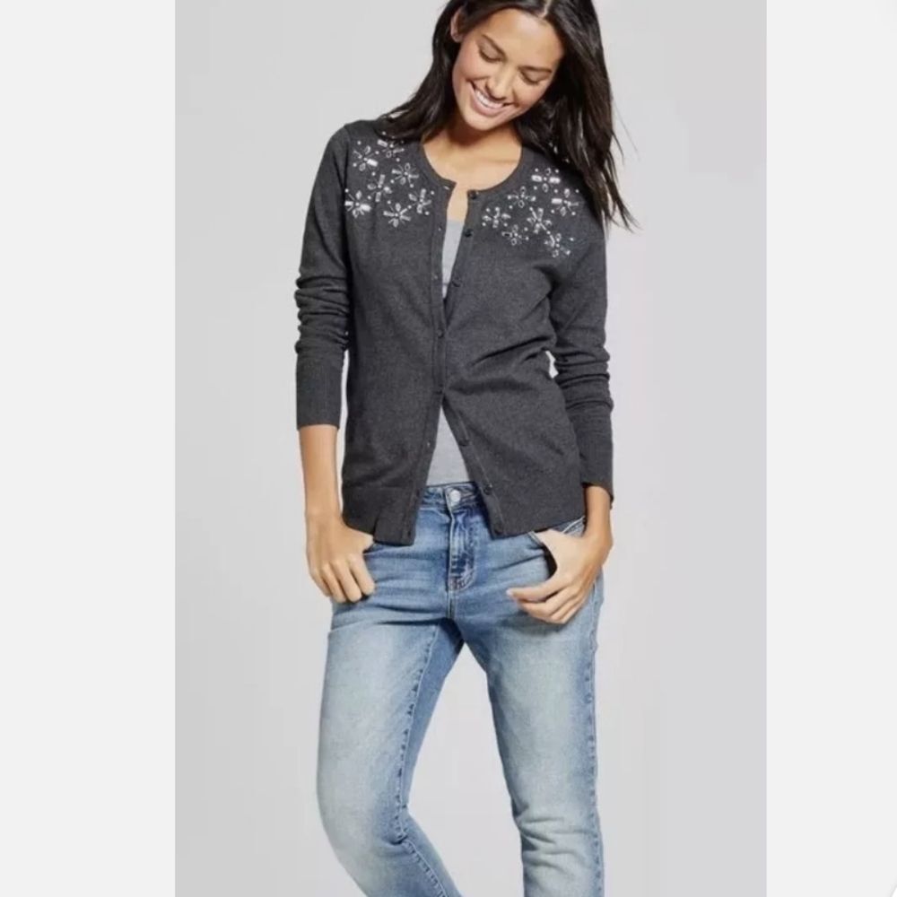 A NEW DAY Embellished Button Front Cardigan Charcoal GRAY AF-1645
